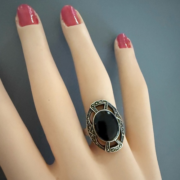 VTG Art Deco Style Sterling Silver Onyx Marcasite Ring - Picture 3 of 5